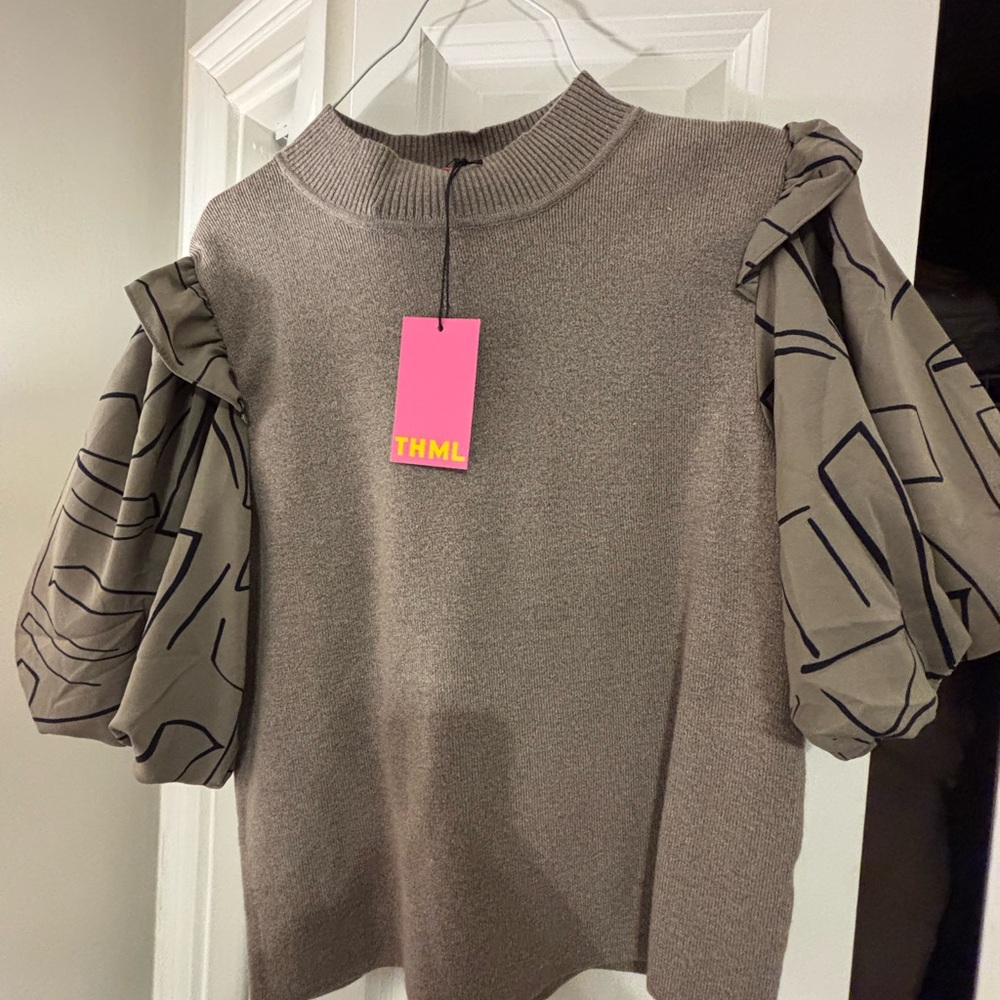 THML Taupe Sweater with Geometric Sleeves NWT Medium